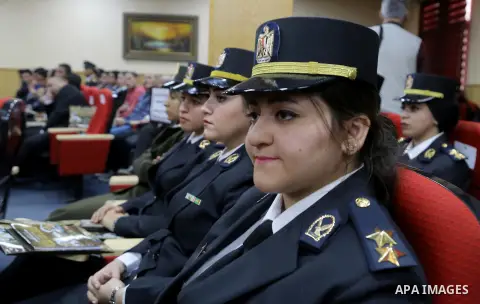 Egyptian policewomen attend the conference to honor the Egyptian woman at police Academy, in Cairo, Egypt, on November 15, 2017. Photo by Amr Sayed