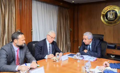 Egypt's Minister of Trade and Industry Tarek Qabil meets with Italian Ambassador Giampaolo Cantini, in Cairo, Egypt, on November 16, 2017. Photo by Amr Sayed