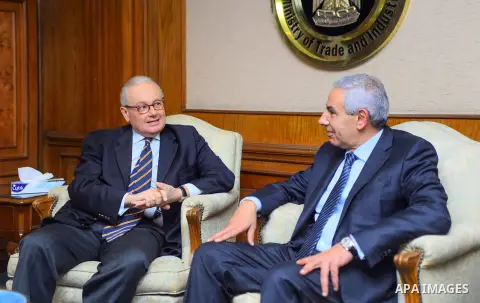 Egypt's Minister of Trade and Industry Tarek Qabil meets with Italian Ambassador Giampaolo Cantini, in Cairo, Egypt, on November 16, 2017. Photo by Amr Sayed