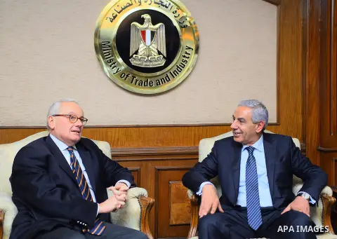 Egypt's Minister of Trade and Industry Tarek Qabil meets with Italian Ambassador Giampaolo Cantini, in Cairo, Egypt, on November 16, 2017. Photo by Amr Sayed