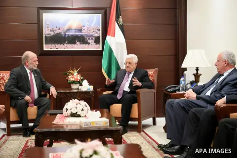 Palestinian President Mahmoud Abbas meets with a delegation from the Koblak Foundation at his headquarters in the West Bank city of Ramallah on November 16, 2017. Photo by Osama Falah