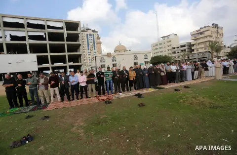 Palestinians pray for rain at al-Kateba square in Gaza City on November 19, 2017. The special Muslim prayers known as Salat al-Istisqa, it is a ritual practiced since the time of the Prophet Mohammed, are frequently held...