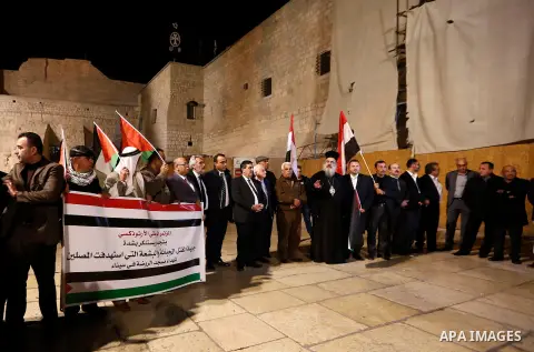 Palestinians take part in a protest in solidarity with Egyptian people after the deadly attack on a mosque in Egypt's Sinai, in the West Bank city of Bethlehem, on Nov. 25, 2017. According to latest reports, a bomb and g...
