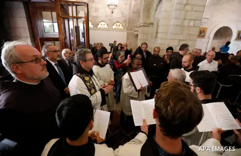 Custodian of the Holy Land Father Francesco Patton leads a mass at the Church of Nativity, in the West Bank city of Bethlehem, December 2, 2017. Photo by Wisam Hashlamoun