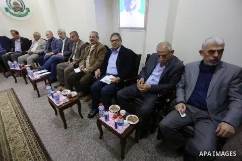 Hamas's leader in the Gaza Strip Yahya Sinwar attends a meeting with members of Palestinian factions after they returning to the Gaza Strip from Cairo, in Gaza city on December 5, 2017. Photo by Mohammed Asad