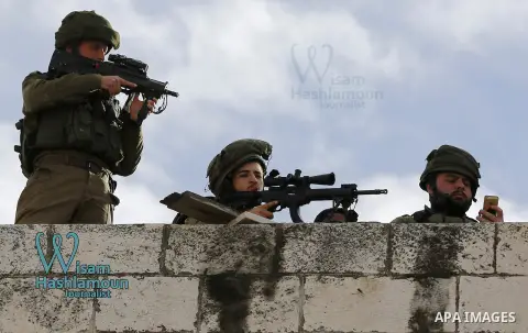 Israeli security forces take position during a demonstration in the West Bank town of Hebron on December 13, 2017. Photo by Wisam Hashlamoun