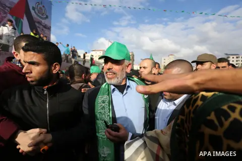 Hamas leader in the Gaza Strip Yahya Sinwar, during a Rally marking the 30th anniversary of their group, in Gaza City, Thursday, Dec. 14, 2017. Photo by Ashraf Amra