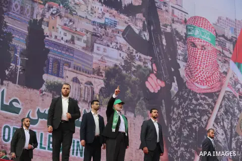 Head of the Political Bureau of Hamas, Ismail Haniyeh attends an event held to mark the 30th anniversary of Hamas, at Al-Katiba Square on December 14, 2017 in Gaza City. Photo by Ashraf Amra