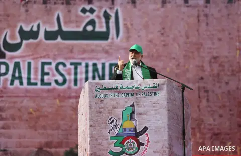 Head of the Political Bureau of Hamas, Ismail Haniyeh attends an event held to mark the 30th anniversary of Hamas, at Al-Katiba Square on December 14, 2017 in Gaza City. Photo by Ashraf Amra
