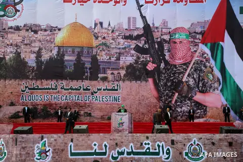 Head of the Political Bureau of Hamas, Ismail Haniyeh attends an event held to mark the 30th anniversary of Hamas, at Al-Katiba Square on December 14, 2017 in Gaza City, Gaza Photo by Mohammed Dahman