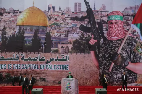 Head of the Political Bureau of Hamas, Ismail Haniyeh attends an event held to mark the 30th anniversary of Hamas, at Al-Katiba Square on December 14, 2017 in Gaza City, Gaza Photo by Mohammed Dahman