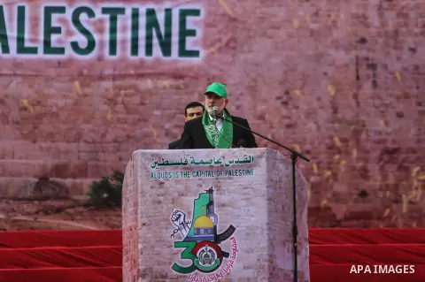 Head of the Political Bureau of Hamas, Ismail Haniyeh attends an event held to mark the 30th anniversary of Hamas, at Al-Katiba Square on December 14, 2017 in Gaza City, Gaza Photo by Mohammed Dahman