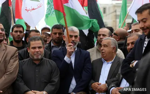 Hamas's leader in the Gaza Strip Yahya Sinwar takes part in a protest against US President Donald Trump's decision to recognise Jerusalem as the capital of Israel, in Khan youis in the southen of Gaza strip, on December...