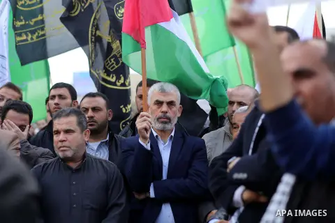 Hamas's leader in the Gaza Strip Yahya Sinwar takes part in a protest against US President Donald Trump's decision to recognise Jerusalem as the capital of Israel, in Khan youis in the southen of Gaza strip, on December...