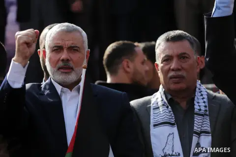 Hamas Chief Ismail Haniyeh takes part during a protest against US President Donald Trump's decision to recognise Jerusalem as the capital of Israel, in Gaza city, on December 15, 2017. Thousands of Palestinians protested...