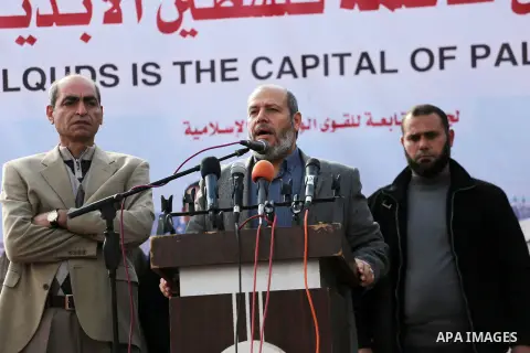 Senior Hamas leader Khalil al-Hayah speaks during a protest against US President Donald Trump's decision to recognise Jerusalem as the capital of Israel, in Gaza city, on December 15, 2017. Thousands of Palestinians prot...