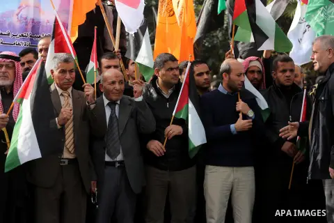 Palestinians take part during a protest against US President Donald Trump's decision to recognise Jerusalem as the capital of Israel, in Gaza city, on December 15, 2017. Thousands of Palestinians protested again in Jerus...