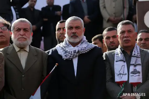 Hamas Chief Ismail Haniyeh takes part during a protest against US President Donald Trump's decision to recognise Jerusalem as the capital of Israel, in Gaza city, on December 15, 2017. Thousands of Palestinians protested...