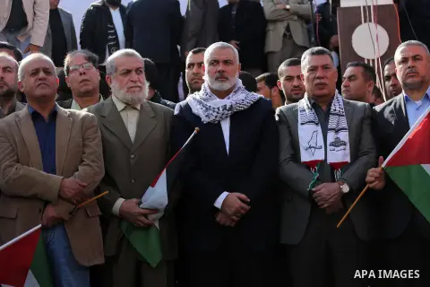 Hamas Chief Ismail Haniyeh takes part during a protest against US President Donald Trump's decision to recognise Jerusalem as the capital of Israel, in Gaza city, on December 15, 2017. Thousands of Palestinians protested...