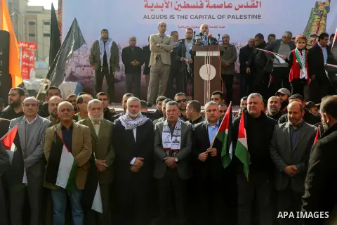 Palestinians take part during a protest against US President Donald Trump's decision to recognise Jerusalem as the capital of Israel, in Gaza city, on December 15, 2017. Thousands of Palestinians protested again in Jerus...