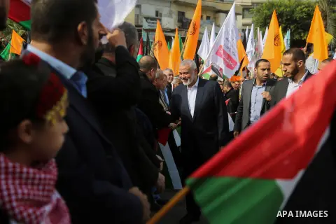 Hamas Chief Ismail Haniyeh takes part during a protest against US President Donald Trump's decision to recognise Jerusalem as the capital of Israel, in Gaza city, on December 15, 2017. Thousands of Palestinians protested...