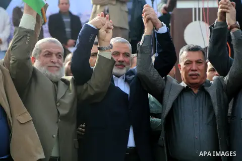 Hamas Chief Ismail Haniyeh takes part during a protest against US President Donald Trump's decision to recognise Jerusalem as the capital of Israel, in Gaza city, on December 15, 2017. Thousands of Palestinians protested...