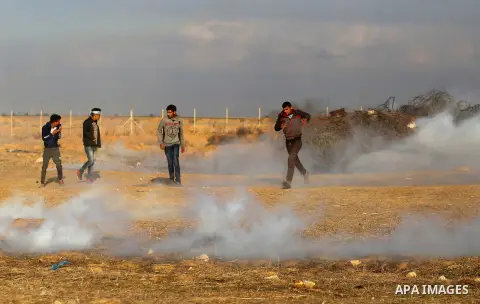 Palestinian protesters clash with Israeli forces, in Khan Younis in the southern Gaza Strip, on December 15, 2017. Thousands of Palestinians protested again in Jerusalem against US President Donald Trump's decision to re...
