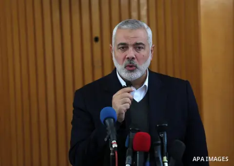 Hamas Chief Ismail Haniyeh speaks during the funeral of 29-year-old Ibrahim Abu Thurayeh at the mosque in Gaza City on December 16, 2017 after he was shot dead in clashes between Israeli forces and protesters along the G...