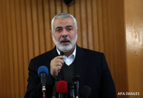 Hamas Chief Ismail Haniyeh speaks during the funeral of 29-year-old Ibrahim Abu Thurayeh at the mosque in Gaza City on December 16, 2017 after he was shot dead in clashes between Israeli forces and protesters along the G...