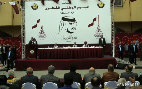 Qatar's Ambassador to the Palestinian Authority, Mohammed Al Emadi and Hamas Chief Ismail Haniyeh attend Qatar's National Day celebrations, in Khan Younis in the southern of Gaza strip, on December 19, 2017. Photo by Ram...