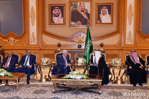 Palestinian President Mahmoud Abbas (L) meets with Minister of Foreign Affairs of Saudi Arabia, Adel bin Ahmed Al-Jubeir (R) during his visit in Riyadh, Saudi Arabia on December 19, 2017. Photo by Thaer Ganaim
