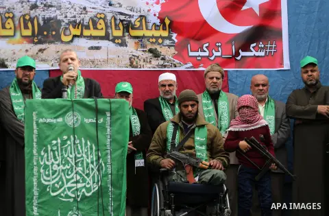 Palestinian supporters Hamas movement take part during a protest against U.S. President Donald Trump's decision to recognise Jerusalem as the capital of Israel, in Jabalia refugee camp in the northern Gaza strip on Decem...