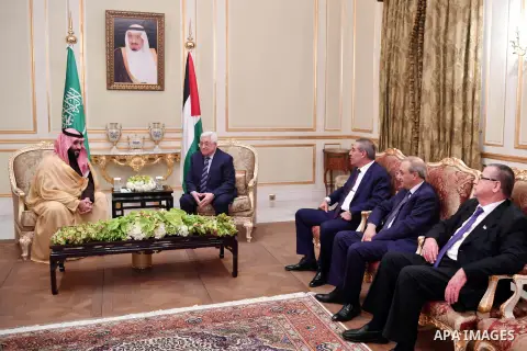 Palestinian President Mahmoud Abbas meets with Saudi Arabia's Crown Prince Mohammed Bin Salman in Riyadh, Saudi Arabia December 21, 2017. Photo by Thaer Ganaim