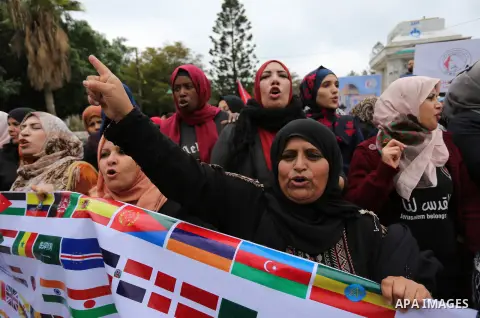 Palestinian women take part during a protest against U.S. President Donald Trump's decision to recognise Jerusalem as the capital of Israel, in Gaza City December 24, 2017. Photo by Ashraf Amra