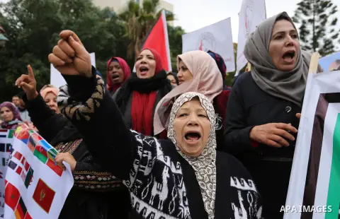 Palestinian women take part during a protest against U.S. President Donald Trump's decision to recognise Jerusalem as the capital of Israel, in Gaza City December 24, 2017. Photo by Ashraf Amra