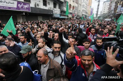 Palestinians take part during a protest against U.S. President Donald Trump's decision to recognise Jerusalem as the capital of Israel, in Gaza City December 29, 2017. Photo by Mohammed Asad