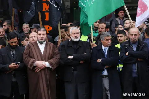 Hamas Chief Ismail Haniyeh takes part during a protest against U.S. President Donald Trump's decision to recognise Jerusalem as the capital of Israel, in Gaza City December 29, 2017. Photo by Mohammed Asad