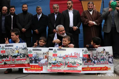 Hamas Chief Ismail Haniyeh takes part during a protest against U.S. President Donald Trump's decision to recognise Jerusalem as the capital of Israel, in Gaza City December 29, 2017. Photo by Mohammed Asad