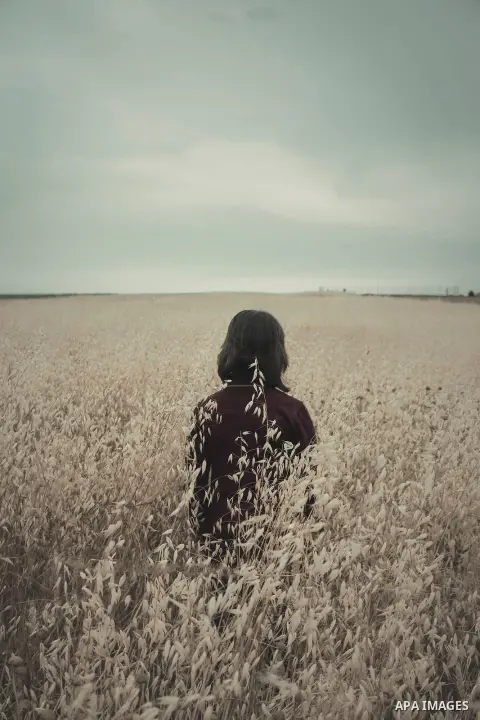 A girl stands in a wheat field. Photo by Sanad Ltefa
