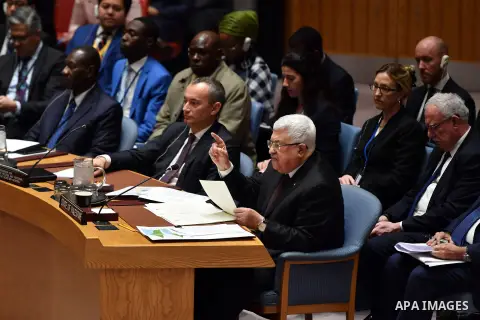 Palestinian President Mahmoud Abbas, delivering a speech at the Security Council in New York, United States on February 11, 2020. Photo by Thaer Ganaim