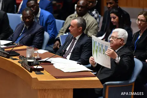 Palestinian President Mahmoud Abbas, delivering a speech at the Security Council in New York, United States on February 11, 2020. Photo by Thaer Ganaim