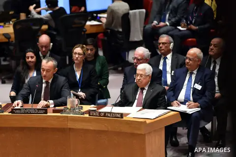 Palestinian President Mahmoud Abbas, delivering a speech at the Security Council in New York, United States on February 11, 2020. Photo by Thaer Ganaim