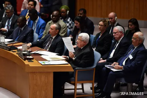 Palestinian President Mahmoud Abbas, delivering a speech at the Security Council in New York, United States on February 11, 2020. Photo by Thaer Ganaim