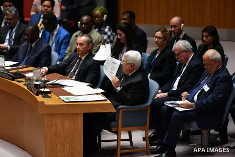 Palestinian President Mahmoud Abbas, delivering a speech at the Security Council in New York, United States on February 11, 2020. Photo by Thaer Ganaim