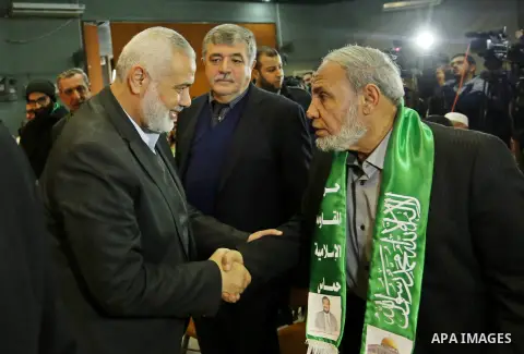 Top Hamas leader Sheikh Ismaeil Haneiya take part in a memorial service for Hamas senior leader Imad al-Alami in Gaza City, 03 February 2018. According to reports, al-Alami was died on 30 January due a shot in the head h...