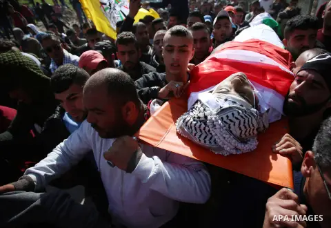 Mourners carry the body of Palestinian Ahmed Abu Obeid, 19, who was shot dead during clashes with Israeli security foces during his funeral, in the West Bank city of Jenin, on February 4, 2018. Photo by Shadi Jarar'ah
