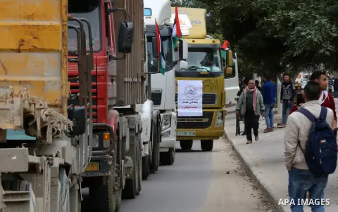 Palestinian truck drivers take part in a protest against the siege on the Gaza Strip, on February 6, 2018 in Gaza City. Israel has maintained a siege on Gaza for a decade which it says is necessary to limit Hamas, the Is...
