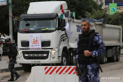 Palestinian truck drivers take part in a protest against the siege on the Gaza Strip, on February 6, 2018 in Gaza City. Israel has maintained a siege on Gaza for a decade which it says is necessary to limit Hamas, the Is...