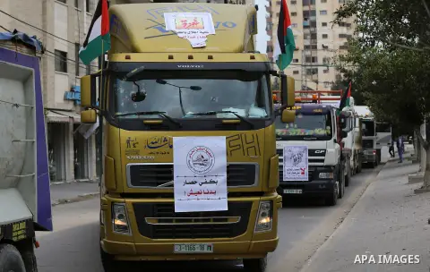 Palestinian truck drivers take part in a protest against the siege on the Gaza Strip, on February 6, 2018 in Gaza City. Israel has maintained a siege on Gaza for a decade which it says is necessary to limit Hamas, the Is...