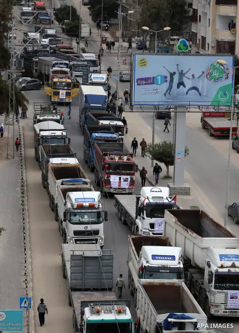 Palestinian truck drivers take part in a protest against the siege on the Gaza Strip, on February 6, 2018 in Gaza City. Israel has maintained a siege on Gaza for a decade which it says is necessary to limit Hamas, the Is...